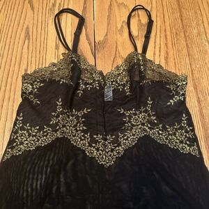 Wacoal Black Chemise Slip Dress Gold Lace Romantic Whimsy Goth Coquette XL